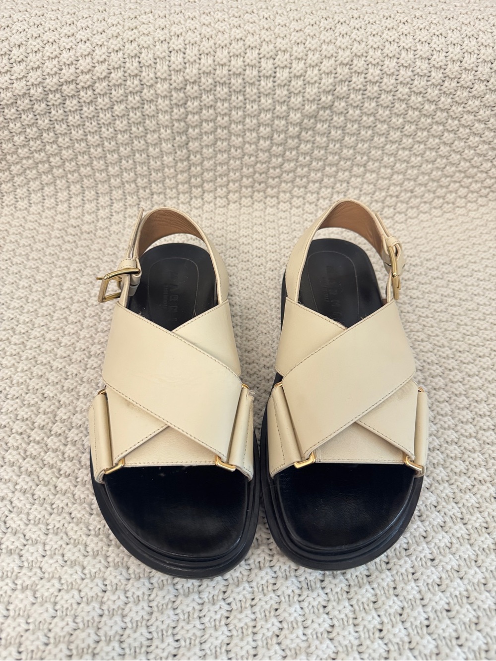 Marni Cream Leather Crisscross Slingback Sandals with Black Footbed